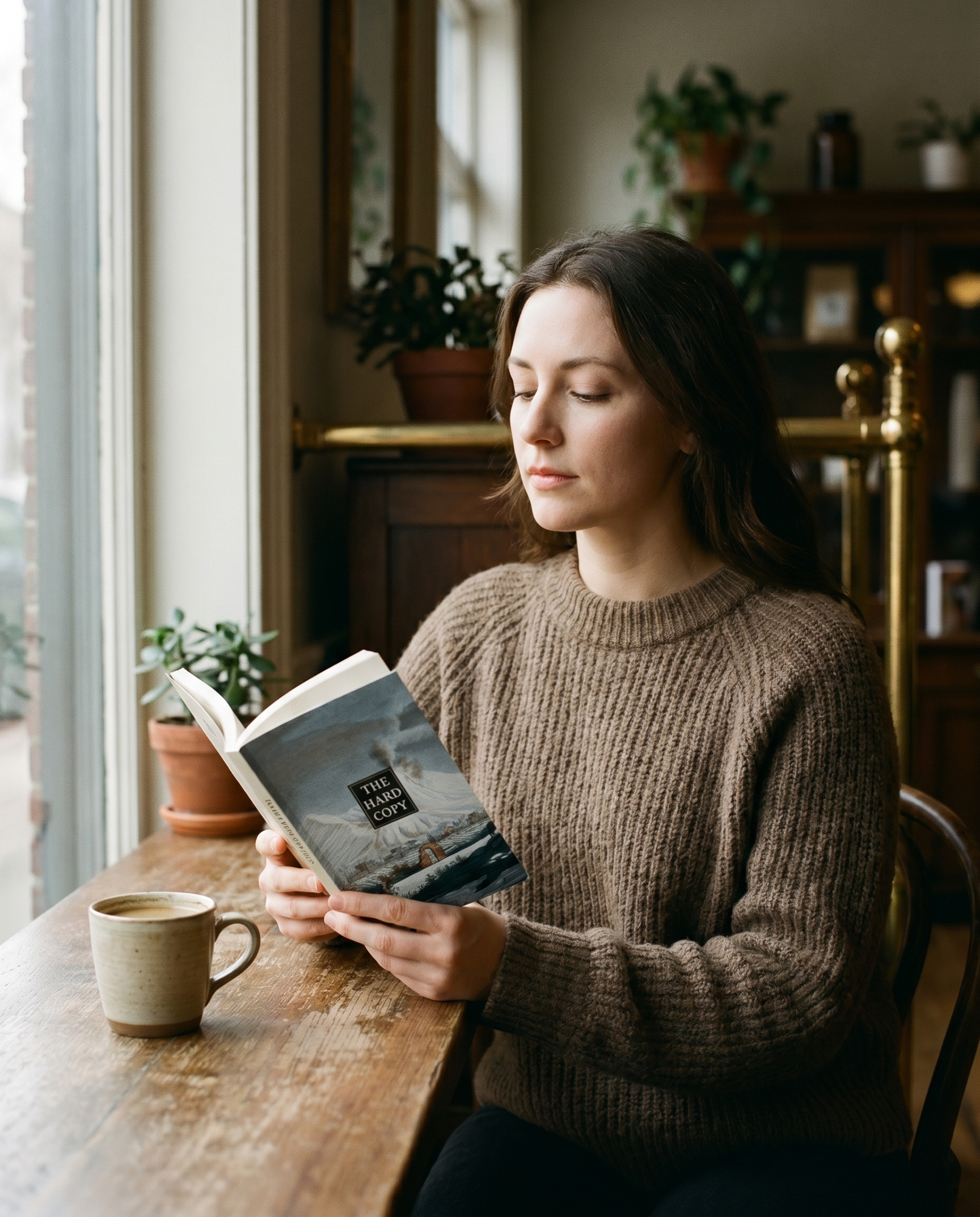 A person reading a printed book.